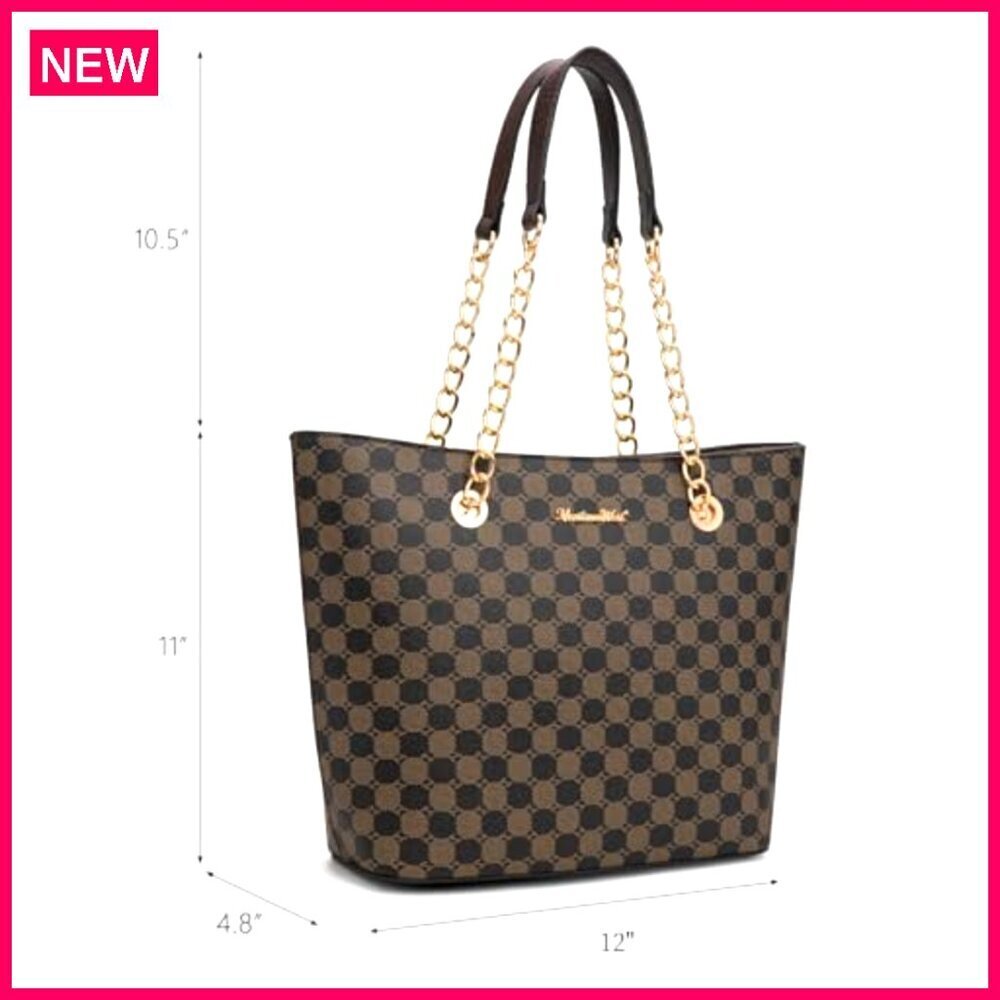 Large Vegan Leather Tote Bag with Chain Handle for Women Work Travel - Picture 5 of 8